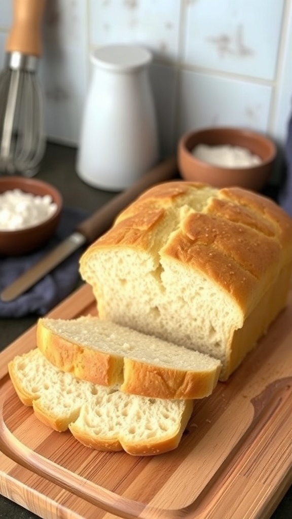 A golden-brown loaf of white bread on a cutting board, with slices cut to show the soft interior.